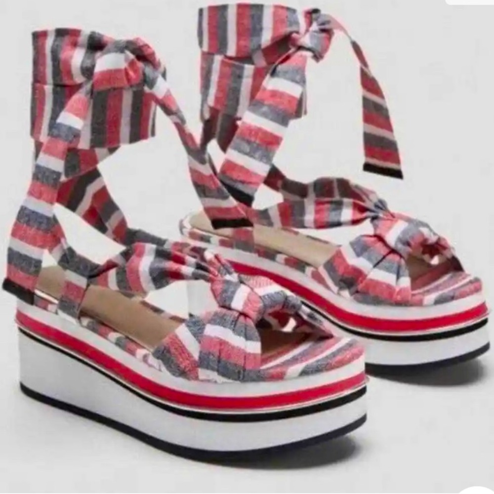 Zara Stripe Ankle Lace Up Chunky Platform Sandals Americana Red White, size 6